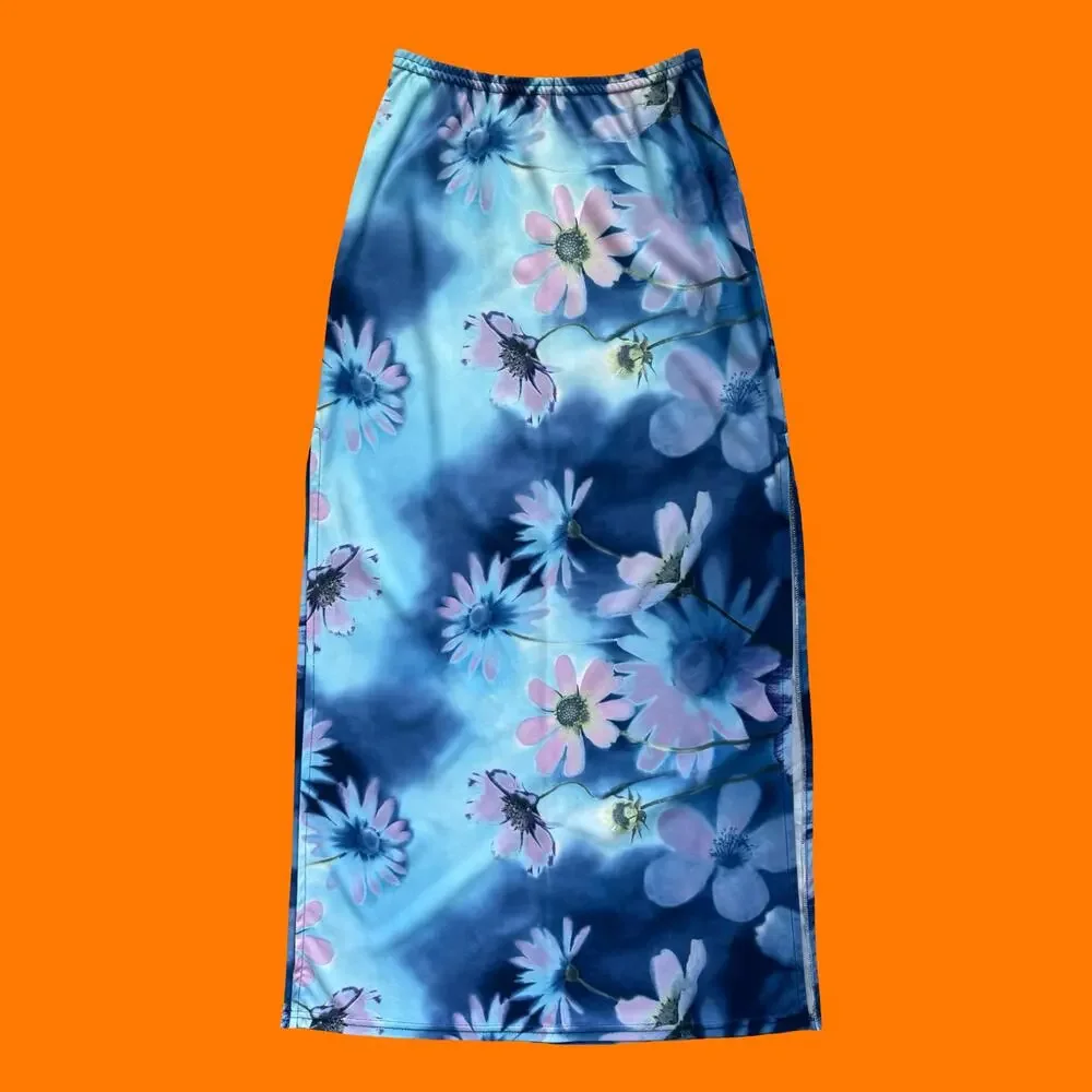 90's vintage daisy floral fairy rave high slit bodycon maxi skirt XS